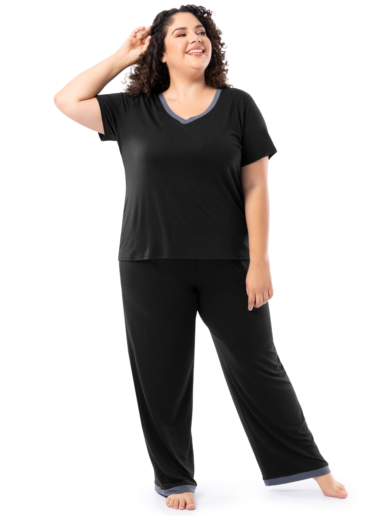 Fruit of the Loom Women's Soft & Breathable V-Neck Short Sleeve Top & Pajama Pant Set, Sizes S-4X
