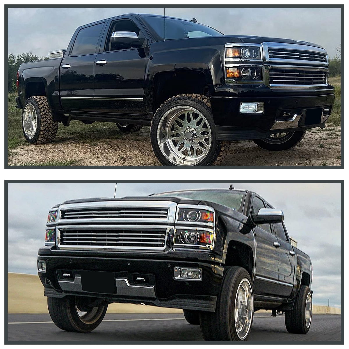 Spec-D Tuning Black Projector Headlights w/ Silver Trim Compatible with 2014-2015 Chevy Silverado 1500, Left + Right Pair Headlamps Assembly
