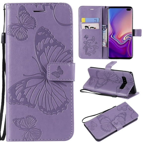 S10 Plus Case, Samsung Galaxy S10 Plus Case - Allytech Premium Wallet PU Leather with Fashion Embossed Floral Butterfly Magnetic Clasp Card Holders Flip Cover with Hand Strap, Purple