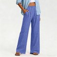thumbnail image 5 of Karymi Linen&nbsp;Pants&nbsp;Women Elastic High Waist Plaid Wide Leg Pants, Casual Checkered Trousers with Side Pockets, Lightweight Palazzo Pants Womens Shorts, 5 of 7