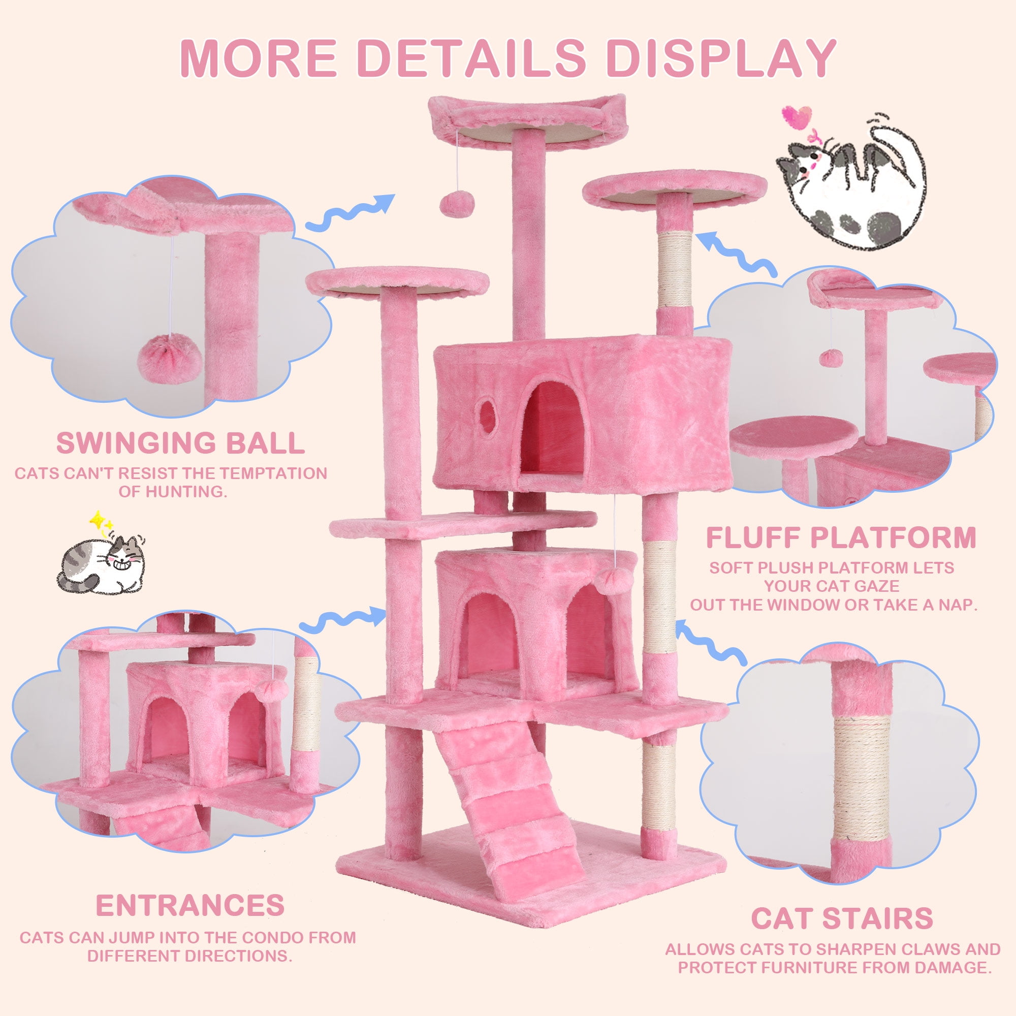 CL.HPAHKL 54in Cat Tree Tower, Multi-Level Cat Tower Furniture Activity Center with Platform Scratching Posts Stand House Condo and Toy, Cat Condos for Indoor Cats Kitten Activity Relaxing, Pink
