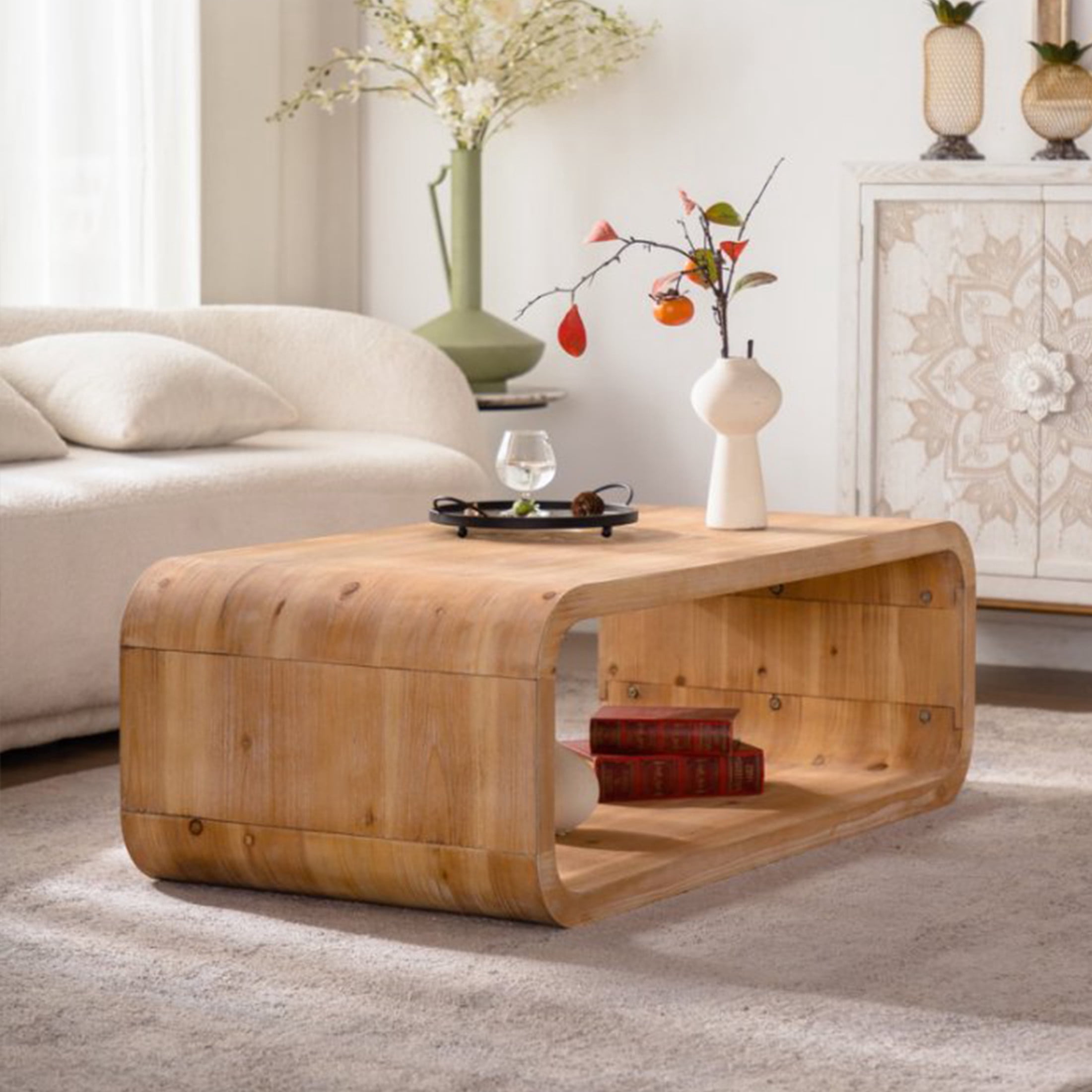 Noble House Dyani 47" Elegant Curved Coffee Table with Open Storage Shelf, for Contemporary Living Room, Natural Wood