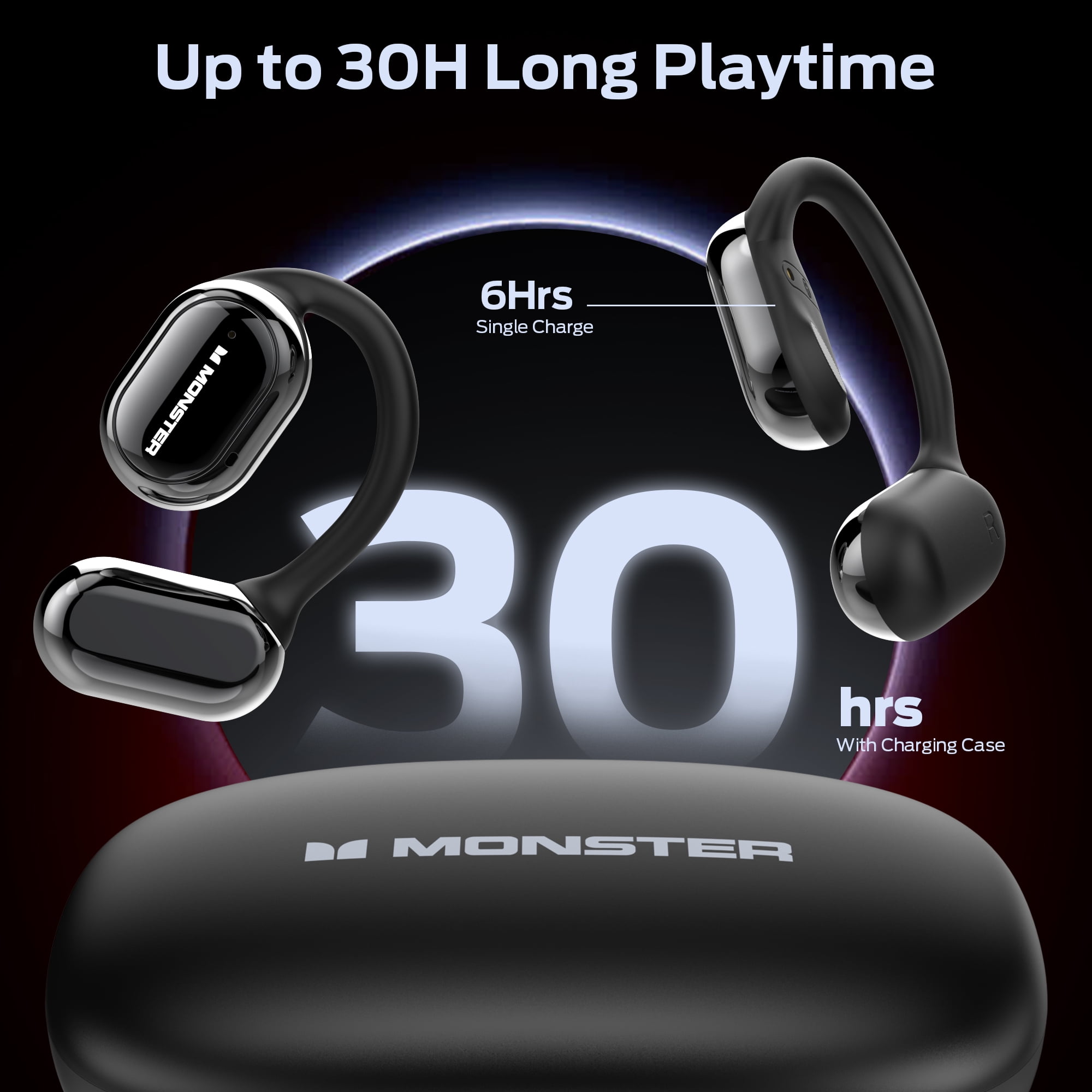 Monster Open Ear Headphones, Bluetooth 5.3 Wireless Headphones with Earhooks, Immersive Stereo Sound by Dual Large Driver, Clear Talk, 30H Playtime,Waterproof Sport Earbuds for Running