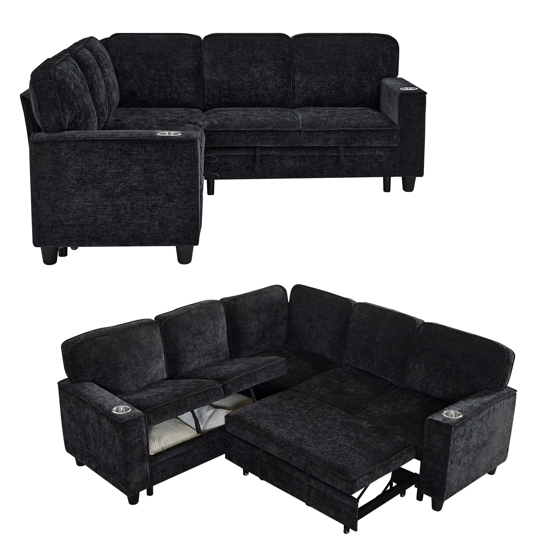 Aukfa Sectional Sleeper Sofa Bed w/Storage Seat, L Shaped Modular Sectional Sofa with USB Ports and Cup Holders for Living Room, Black