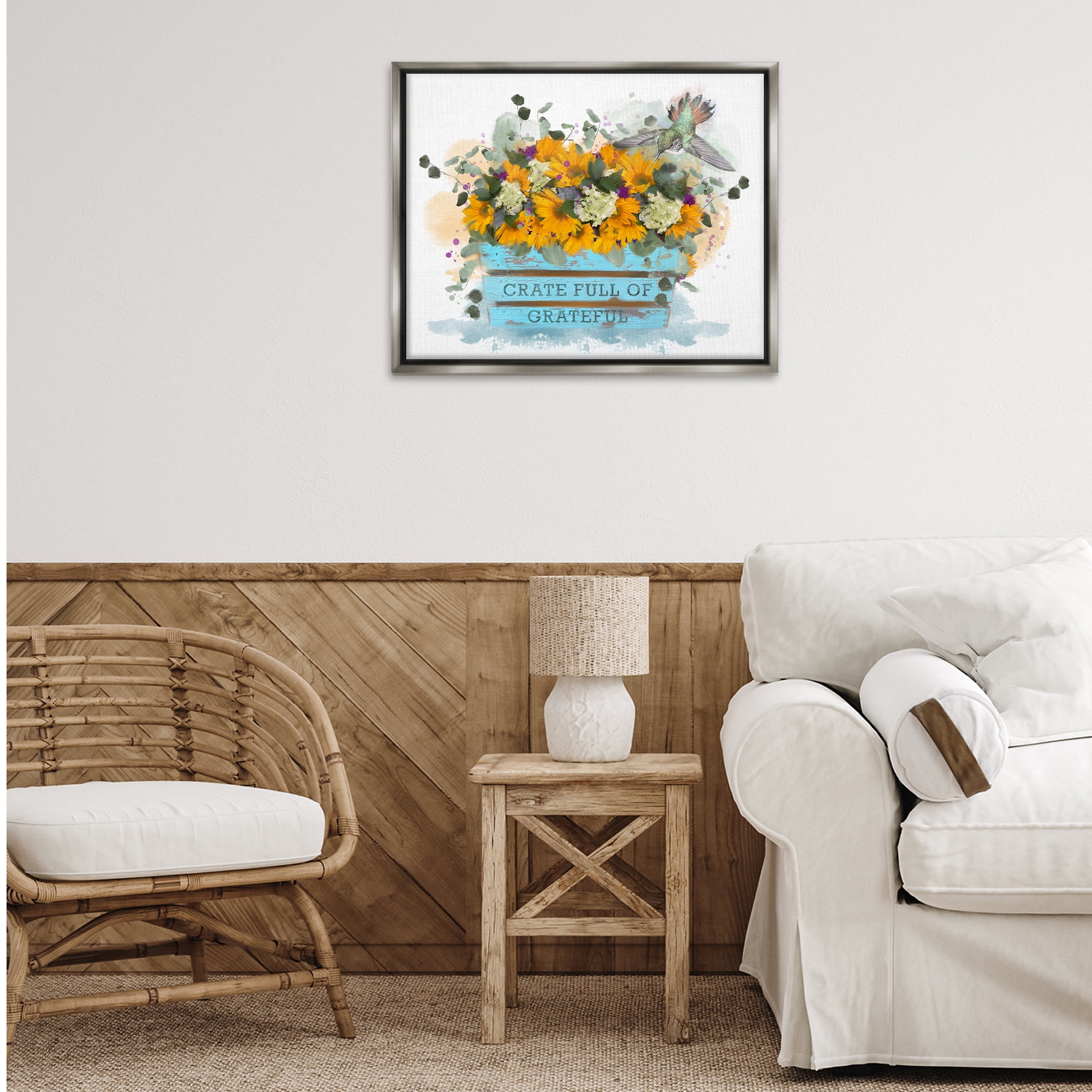 Stupell Industries Crate Full Of Grateful Botanical & Floral Painting Gray Floater Framed Canvas Art Print Wall Art, 31 x 25