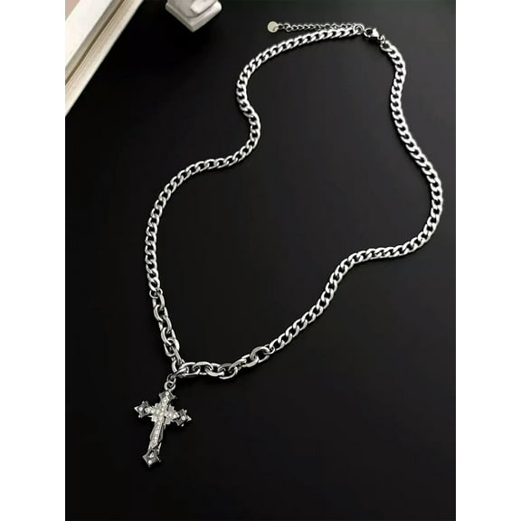QQTDFG Men Rhinestone Cross Pendant Necklace Stainless Steel Necklace for Men Jewelry-default