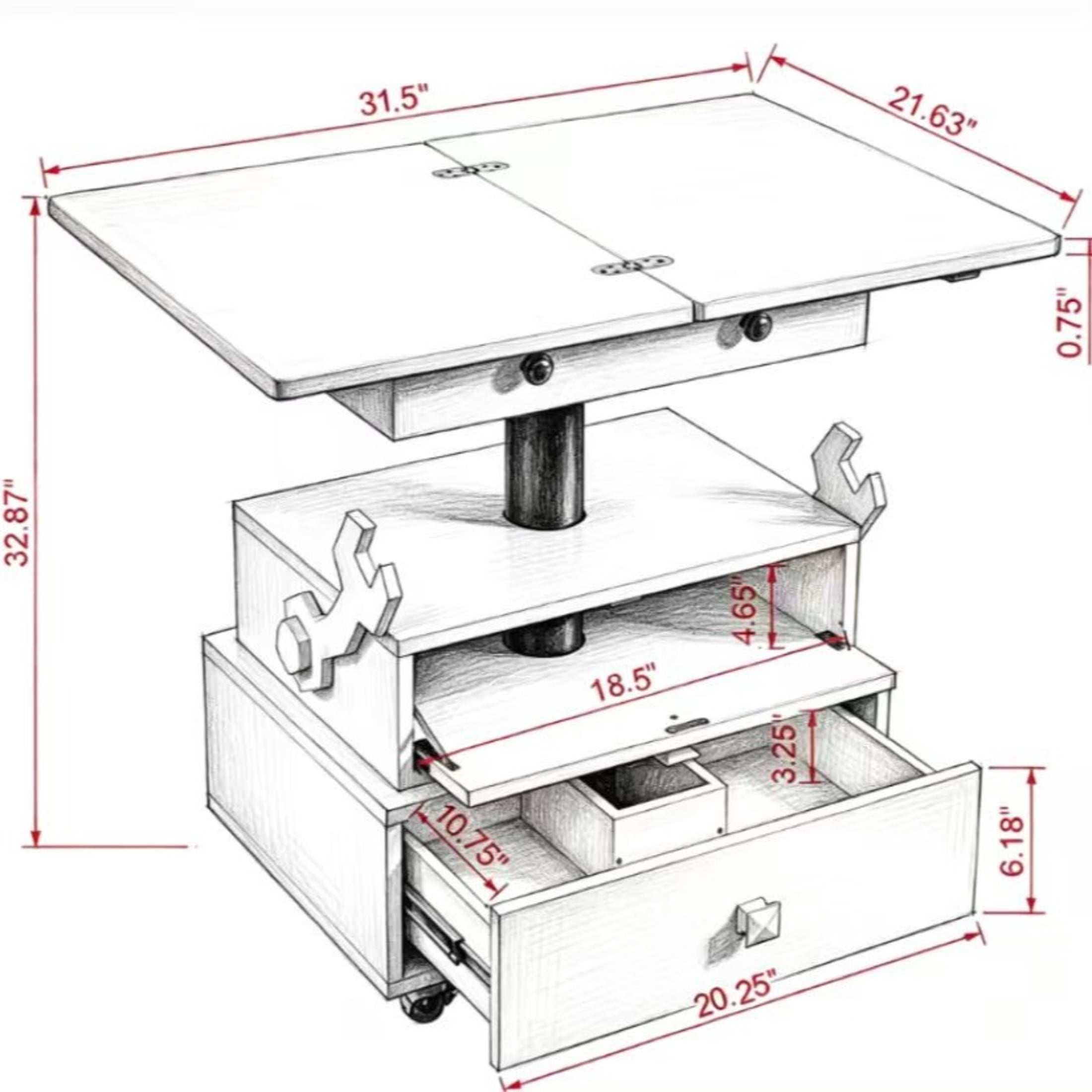 Noble House Arlais Adjustable Height Rolling End Table, High Gloss Lift Top Side Table with Charging Station, Gray