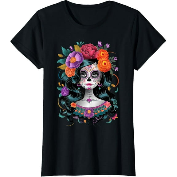 Premium model-Unisex-100% cotton-De Los Muertos La Catrina Day of the Dead Women Sugar Skull T-Shirt