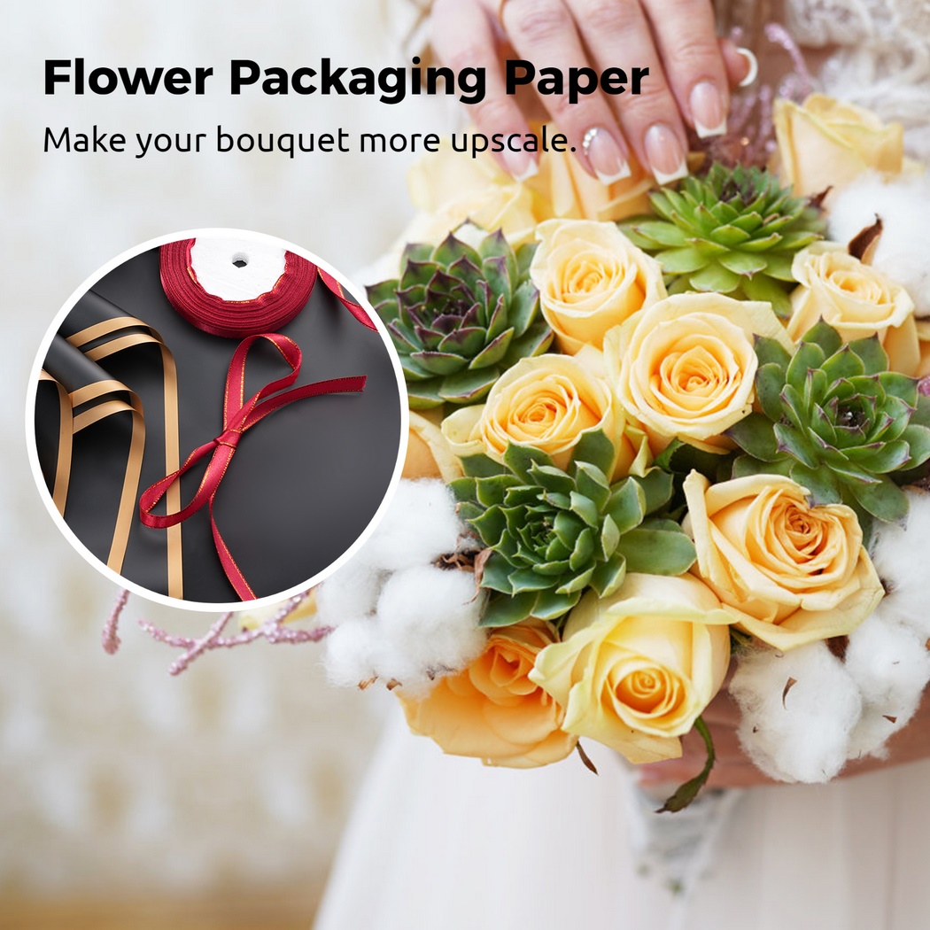 Bangcool Flower Wrapping Paper, 20 Sheets Florist Bouquet Packaging Paper with 3 Rolls of Ribbons, Upscale Black Flower Wrapper with Golden Edges, Waterproof