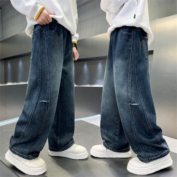 Boys Jeans Size 3-4Y Straight Wide Leg Denim Trousers Soft Playwear Spring Loose Casual School Handsome Big Youth Kids Pants Blue