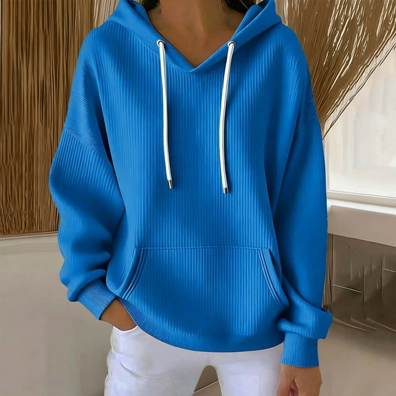 CQONEPT Women's Hoodies Dressy Casual Sweatshirts Cute Drawstring Pullover Tops Long Sleeve Fleece Clothes with Pockets Blue M