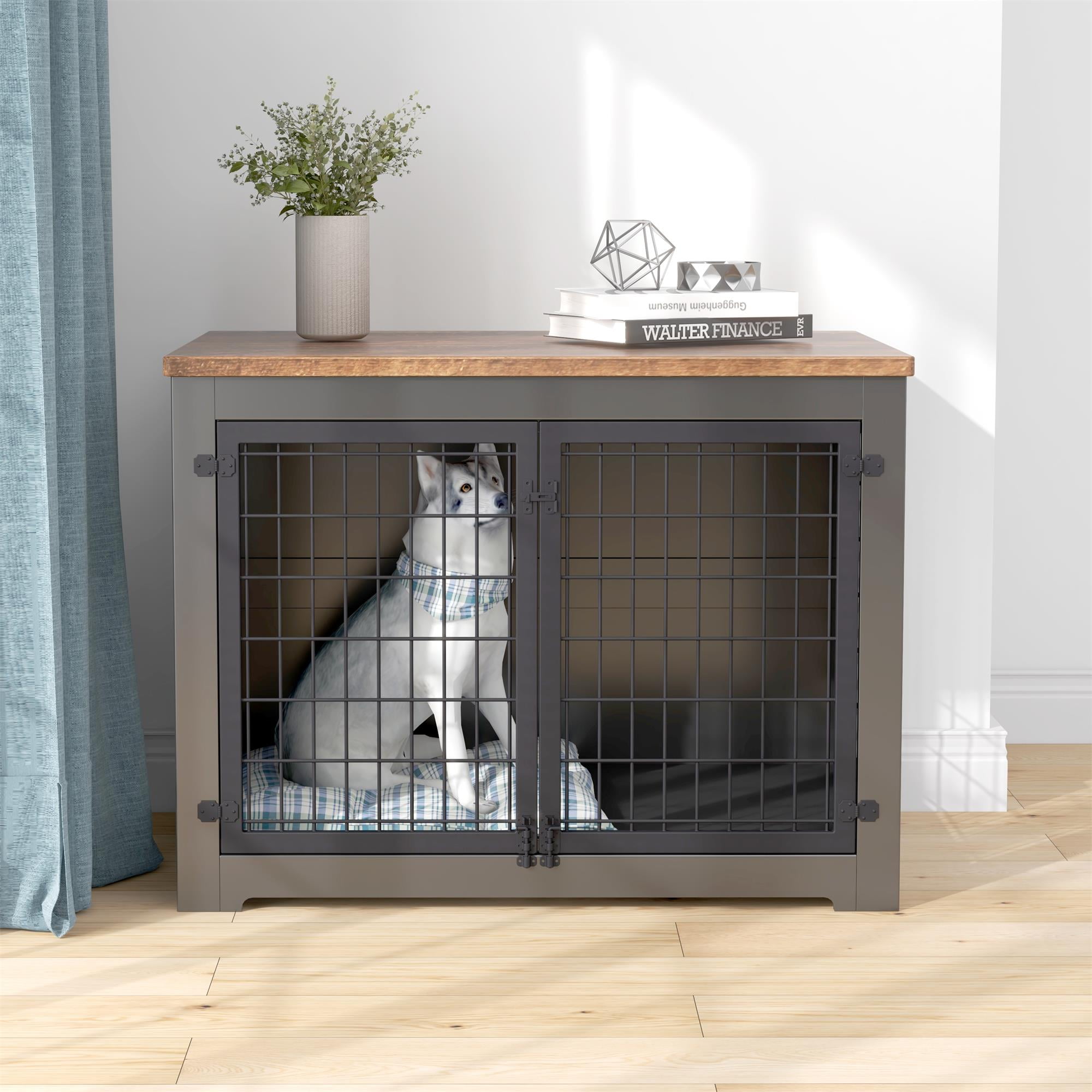 Pefilos 40" Wood Dog Crate Furniture with Door Lock and Double Doors, Indoor Decorative Iron Fence Dog Cage for Small Dogs, Black Pefilos 40" Wood Dog Crate Furniture with Door Lock and Double Doors, Indoor Decorative Iron Fence Dog Cage for Small Dogs, Black