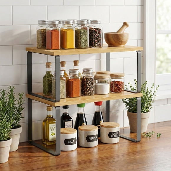SONGMICS Estante para Especias, Juego de 2, Organizador de Armario, Especiero de Cocina Extensible, Negro y Natural
