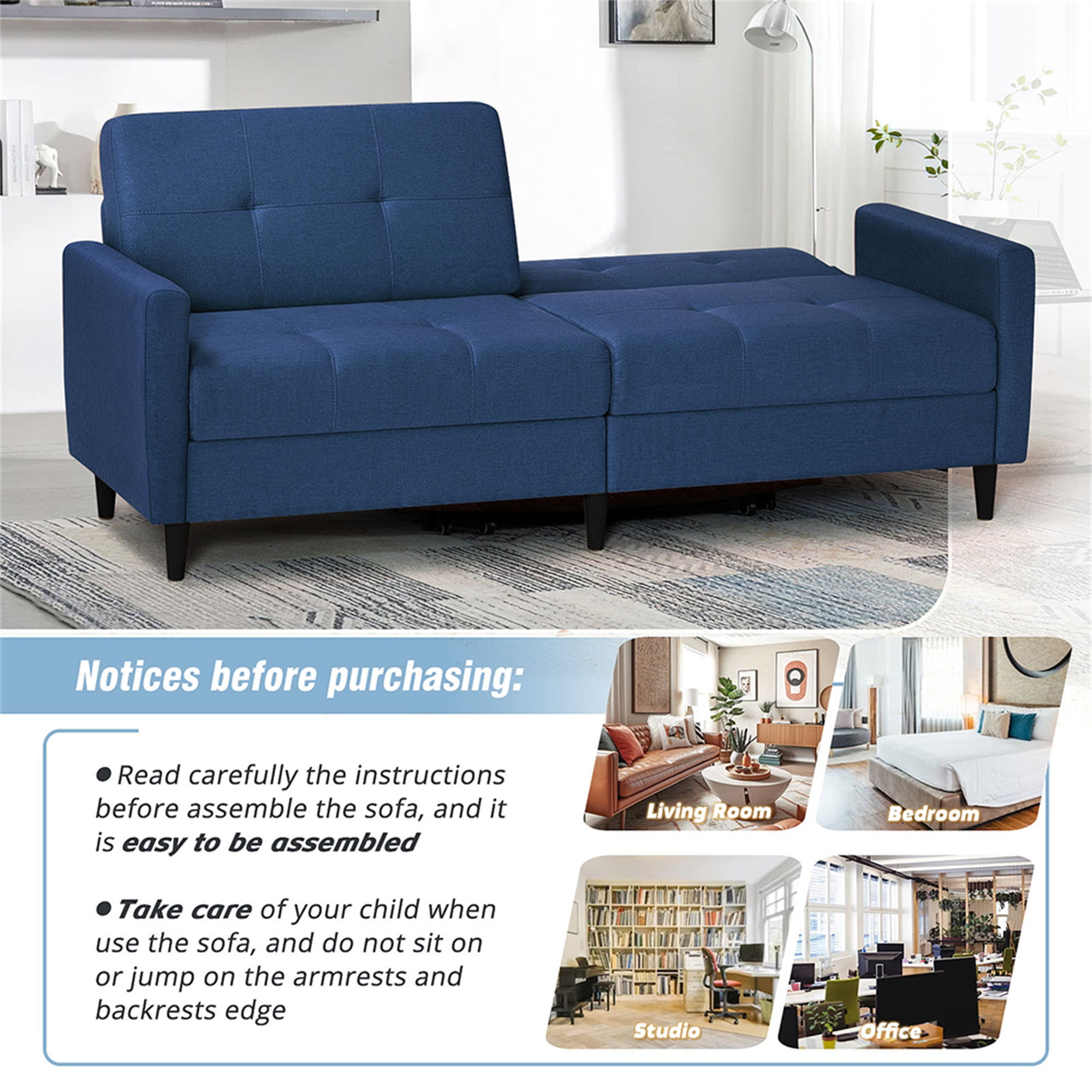 Kadyn Loveseat Sofa Bed, Mordern Convertible Sofa with Adjustable Backrest and Wooden Legs, 2-Seat Couch for Bedroom, Blue Kadyn Loveseat Sofa Bed, Mordern Convertible Sofa with Adjustable Backrest and Wooden Legs, 2-Seat Couch for Bedroom, Blue