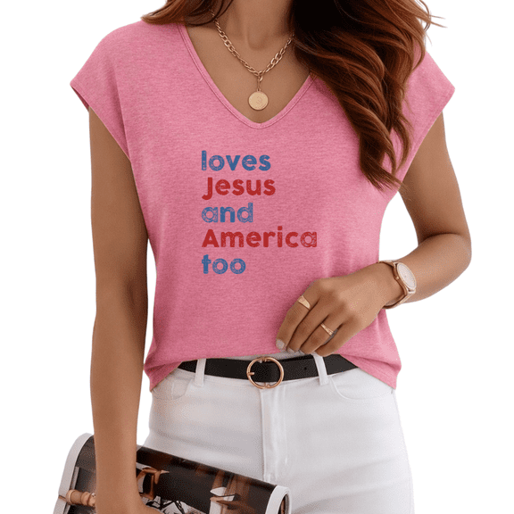 UNISHE Women's Patriotic Christian "Loves Jesus and America Too" Rose Red V-Neck Sleeveless T-Shirt Casual Tank Top