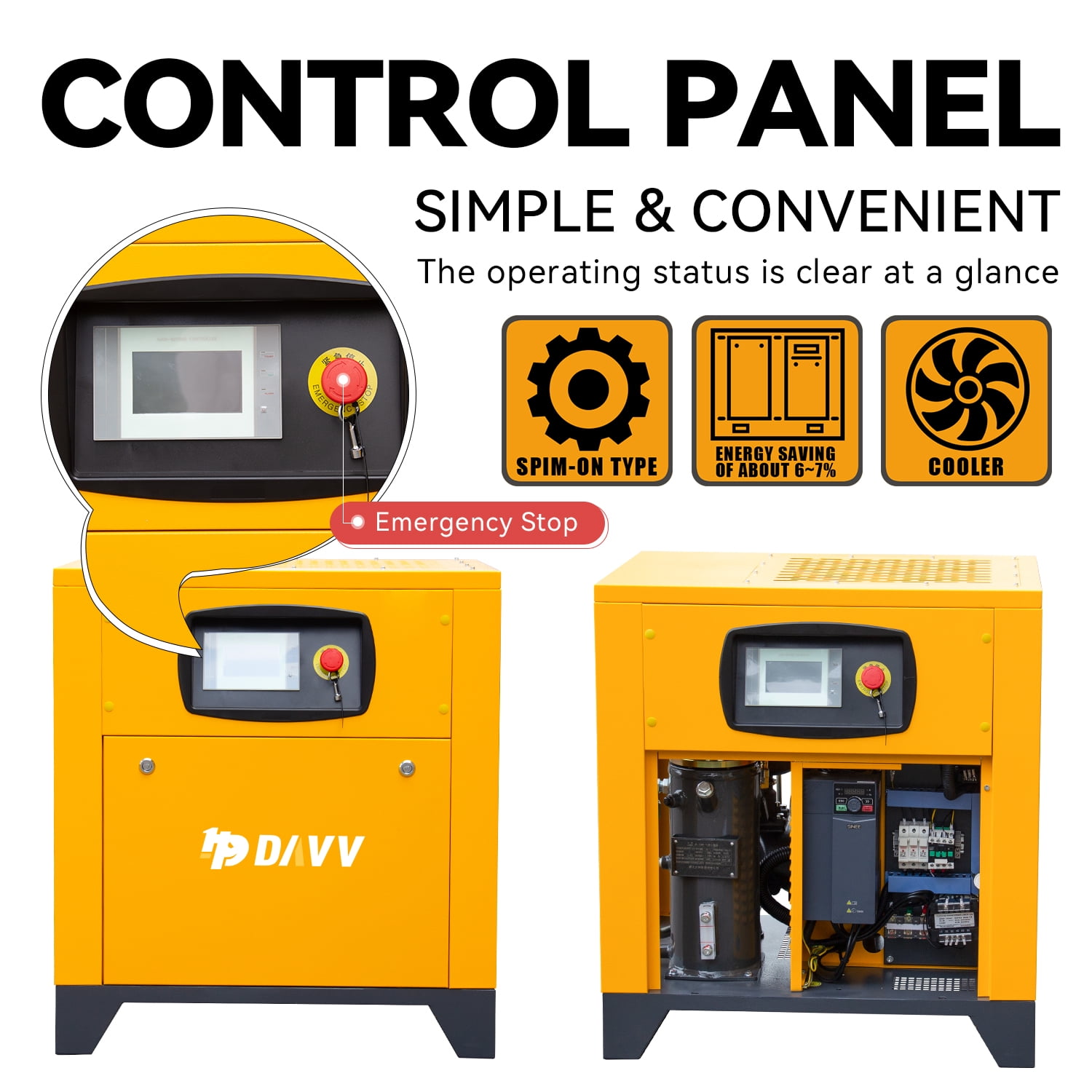 HPDAVV 208-230V Universal Variable Frequency Motor Rotary Screw Air Compressor - 10HP/7.5KW Single/Three-phase compatible - 39CFM@115PSI Base Mounted Commercial Air Compressed System