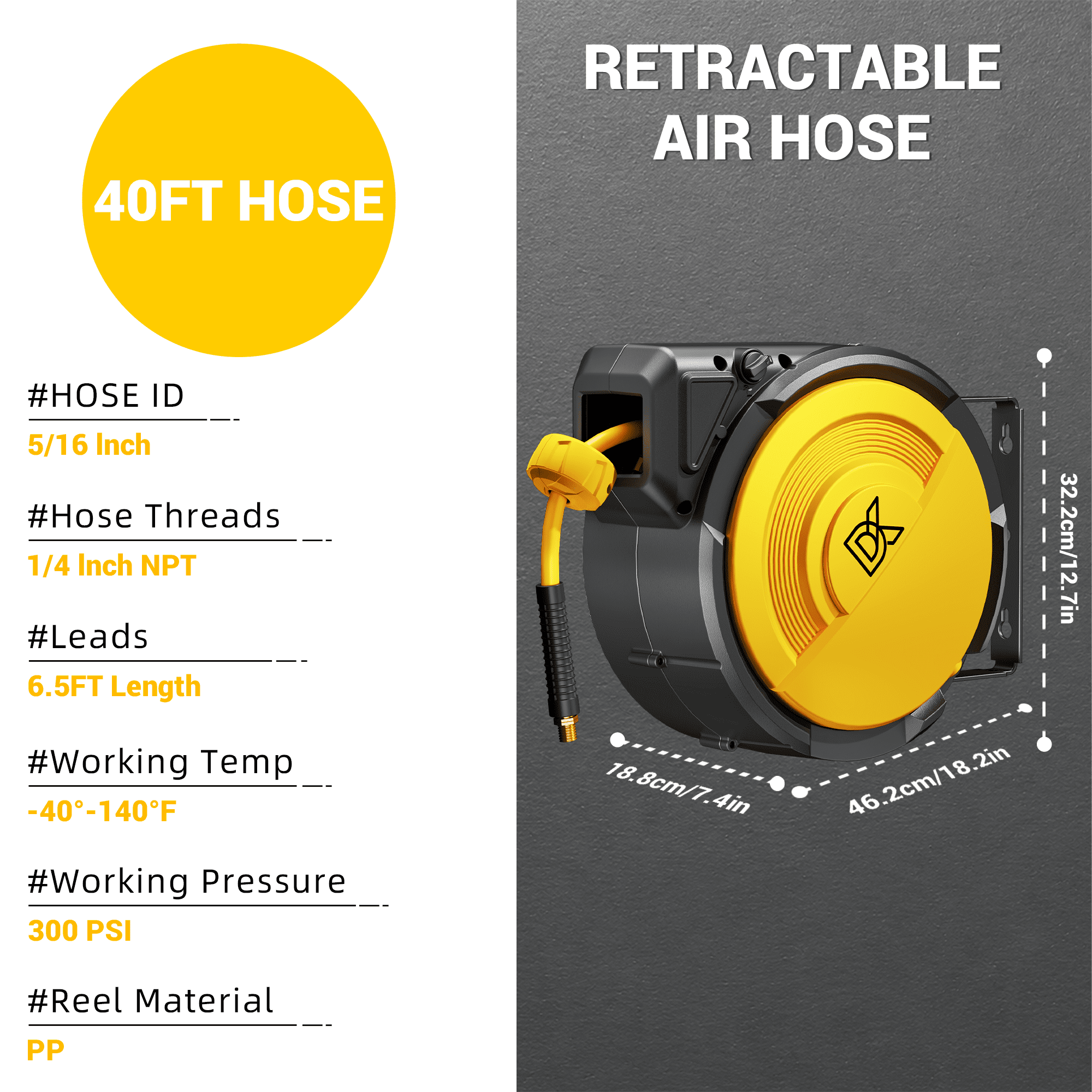 Dkenicor 40ft Retractable Air Hose Reel,5/16" 300 PSI Heavy Duty with 180° Swivel & Lock,6.5ft Lead-in Hose for Garage Workshop,Yellow