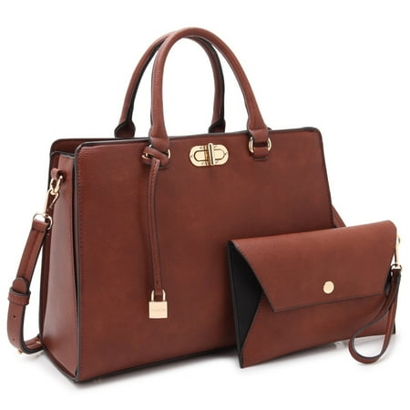 Leather Fringe Wristlet Dasein Faux Leather Padlock Accent Twist Lock Satchel Handbag with Matching Wristlet ()
