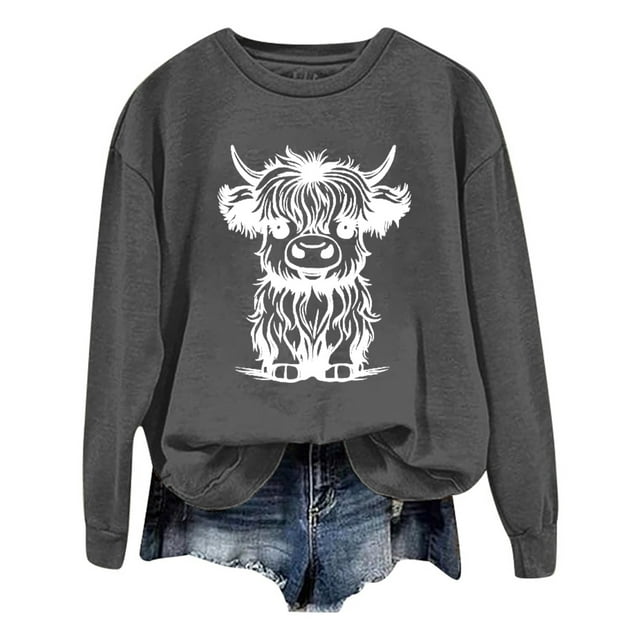 WEAIXIMIUNG Chandails en Molleton à Col Rond pour Femmes, Designs Mignons, Chandail en Molleton d'Automne et d'Hiver 2025, Col Rond, Mode Imprimé Vache, Manches Longues, Mode Décontractée, Haut de Sortie