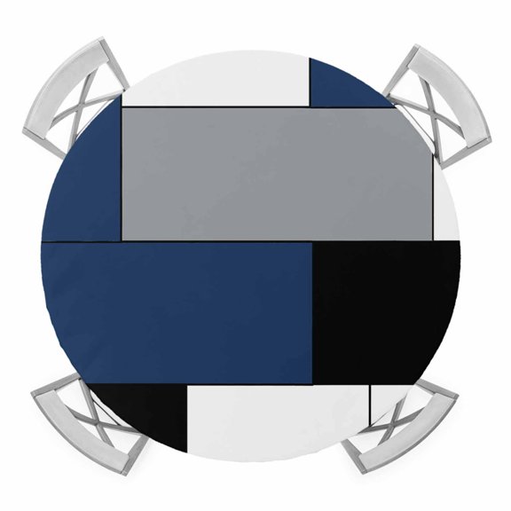 Navy Blue Grey Geometric Round Fitted Tablecloth with Elastic Edge, Waterproof Table Cloth Table Cover for 55"-60" Tables, Modern Black White Abstract Art Tablecloths for Dining Picnic Indoor Outdoor