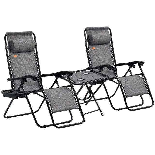 Outsunny Ensemble de Chaises à Gravité Zéro avec Table Pliante et Plateaux Porte-Gobelet Gris