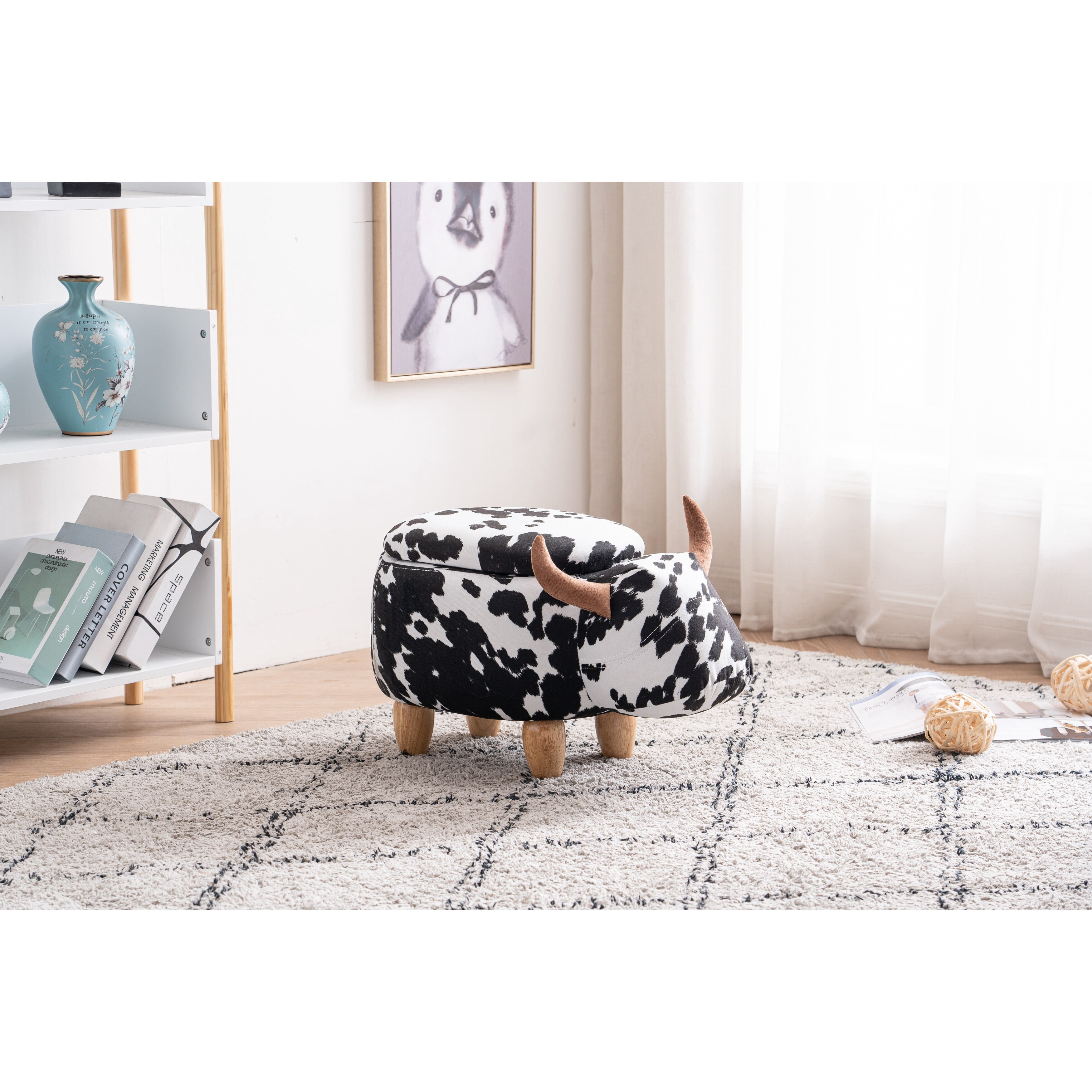 Animal Cow Storage Upholstered Kids Ottoman Black