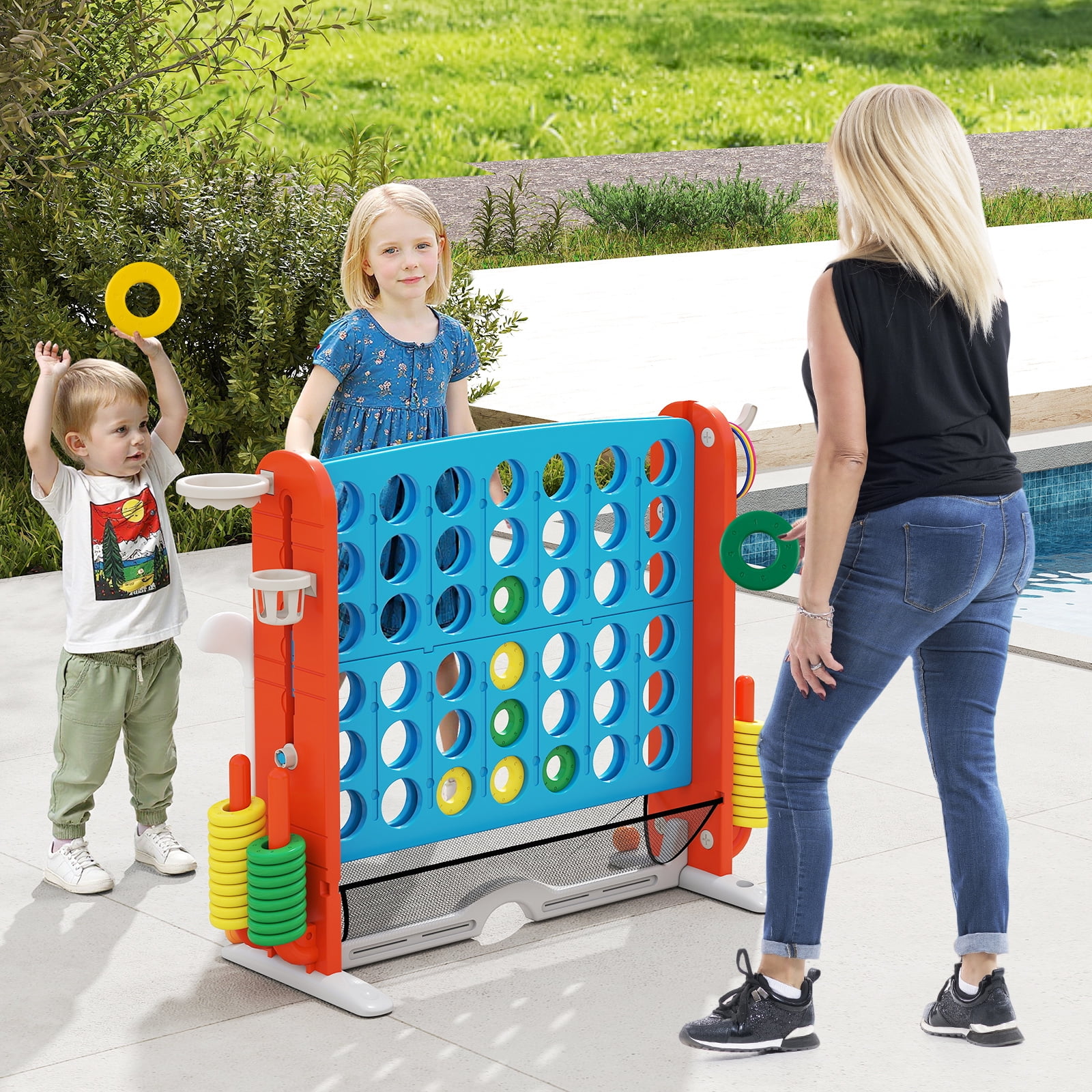Patiojoy Giant 4-in-A-Row Connect Game Set Height Adjustable 4-to-Score Game Light Blue & Gray