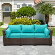 Rattaner 3-Seat Patio PE Rattan Wicker Couch, Outdoor Rattan Sofa Furniture Steel Frame with Furniture Cover and Deep Seat High Back, Turquoise Anti-Slip Cushion Furniture Cover