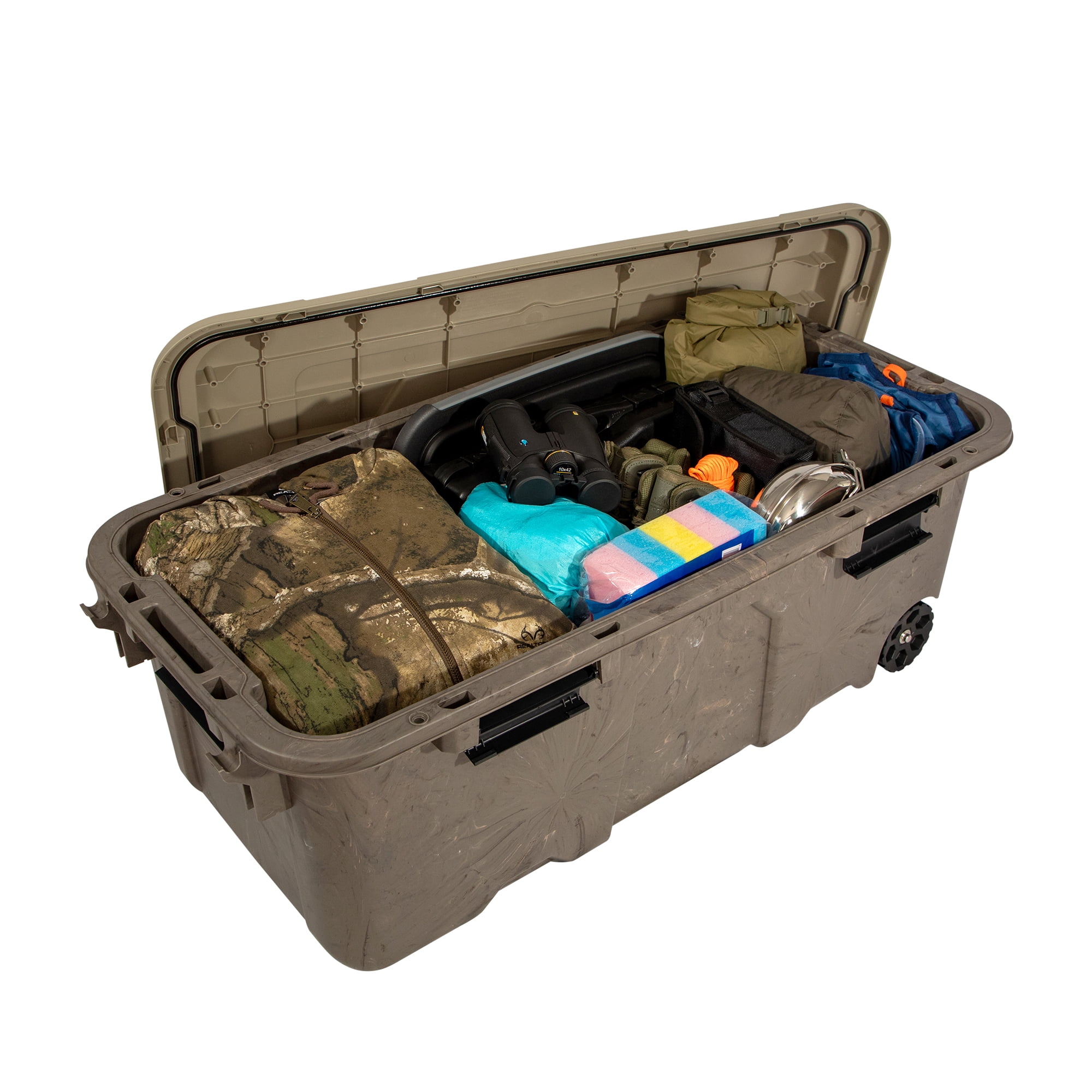 Realtree® WEATHERMAX™ 31 Gallon Marbled and Tan Wheeled Storage Tote with Latching Lid, Heavy Duty Plastic Storage Bin