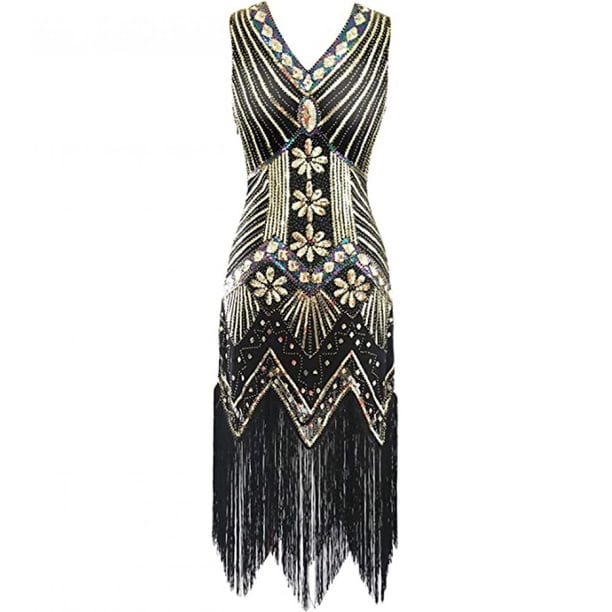 Vestido con escote en V, flecos, lentejuelas y cuentas de los años 20 de FEPITO, con conjunto de accesorios de los años 20