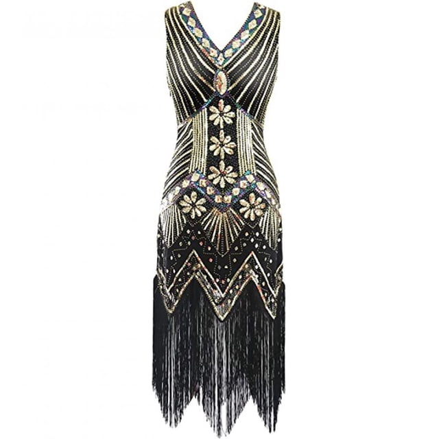Vestido con escote en V, flecos, lentejuelas y cuentas de los años 20 de FEPITO, con conjunto de accesorios de los años 20