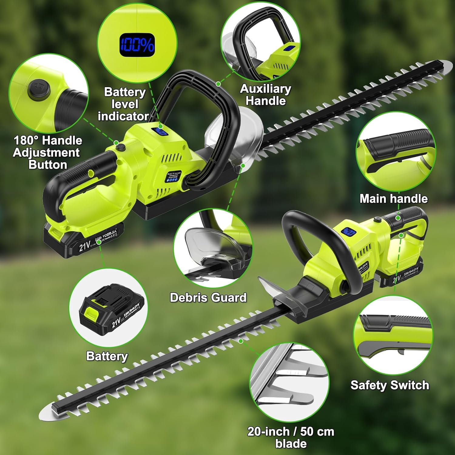 21V Lightweight Cordless Hedge Trimmer with Dual Batteries, 20 Inch Electric Bush Cutter for Shrubs