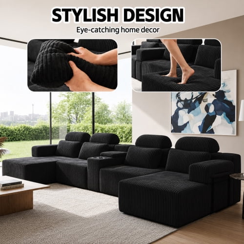 145.7 Inch Oversized U-Shaped Modular Sectional Sofa with Lounge Chaise, Cup Holders & Hidden Storage - Compression Sofa for Home Theater & Luxury Living Room, Black