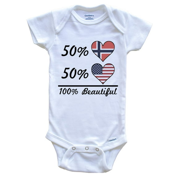 50% Norwegian 50% American 100% Beautiful Norway Flag Heart Baby Bodysuit, 0-3 Months White