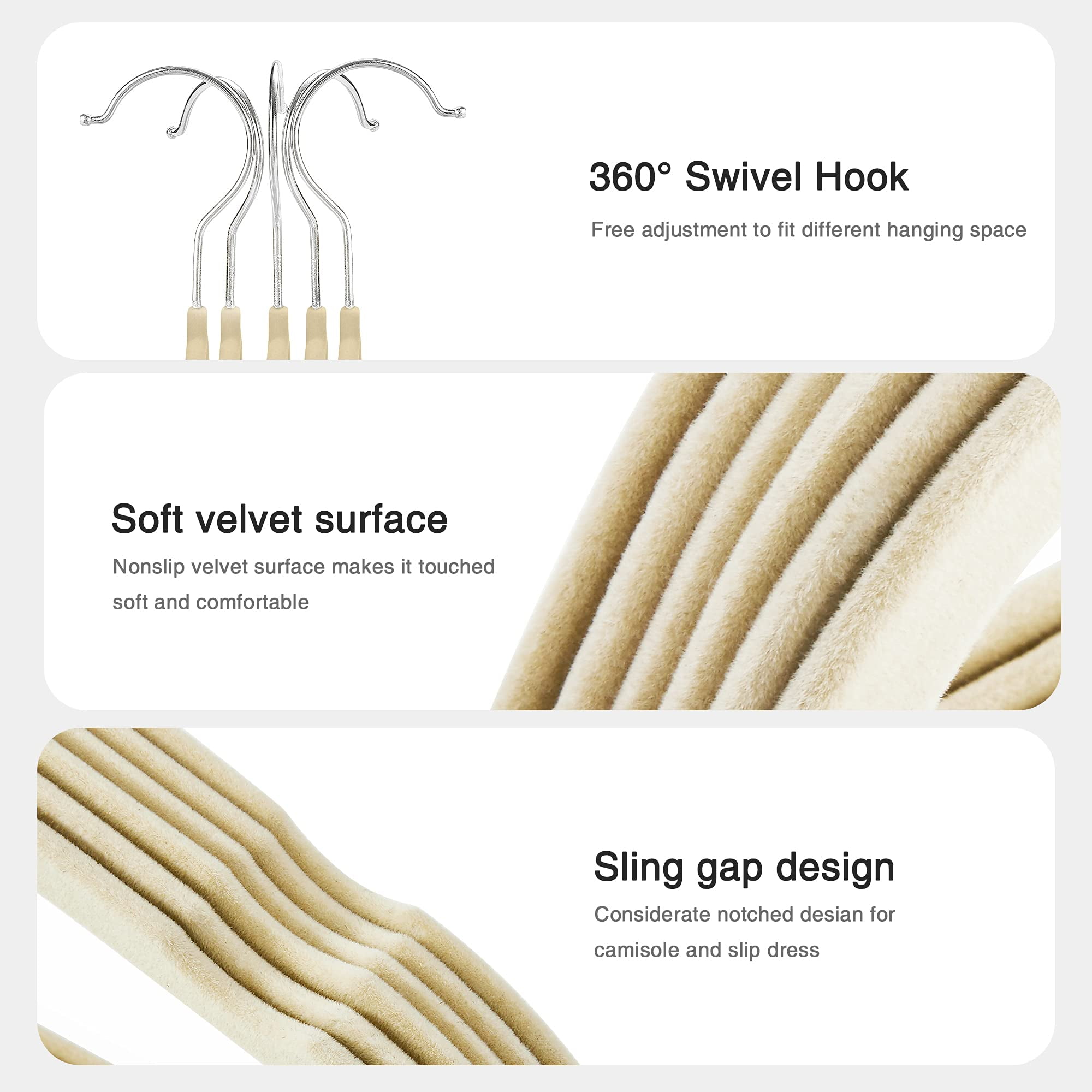 ACSTEP Velvet Hangers 60 Pack, Non-Slip Felt Clothes Hangers, with 360 Rotating Hook - Beige