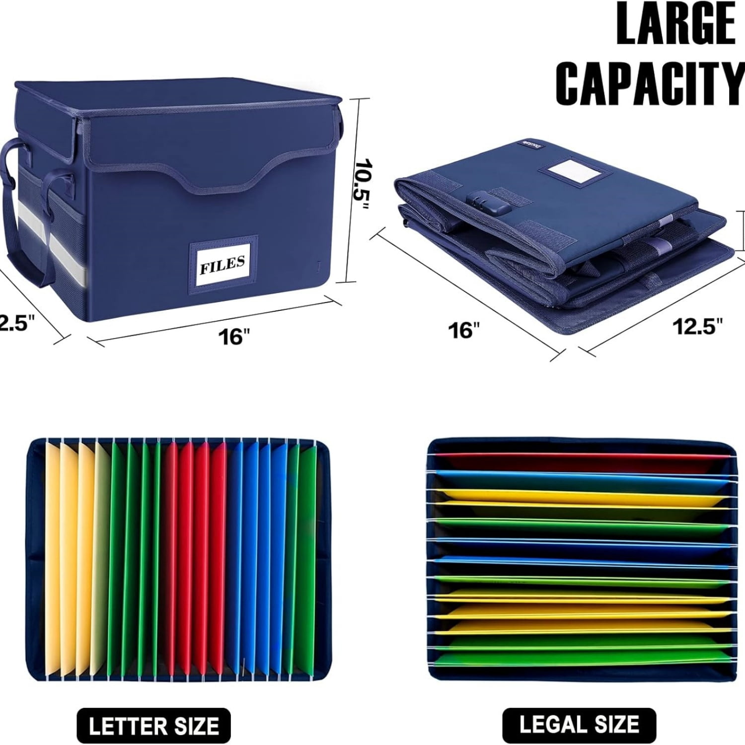 Fireproof Document Box with Lock, File Storage Organizer with Mesh Pockets, Collapsible Portable File Box Home Office Safe Filing Cabinet with Handle for Hanging Letter/Legal Folder, Blue
