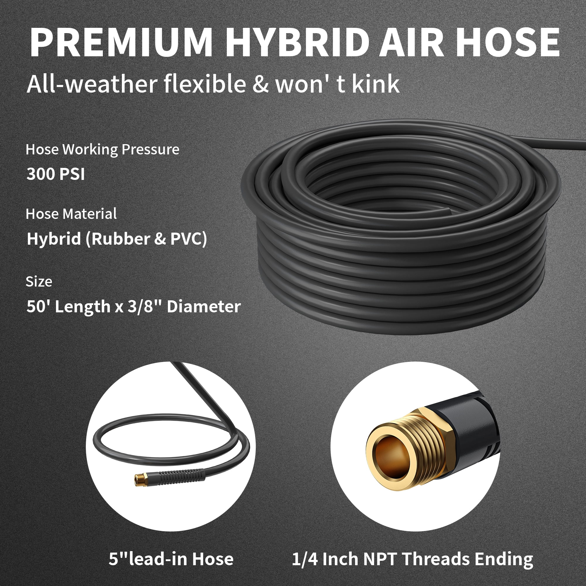 HOZEREEL Retractable Air Hose Reel, 3/8 Inch x 50+5 Ft Hybrid Hose Air Compressor Hose Reel in Max 300 PSI Design, 180°Swivel Bracket Quick Coupler(Black)
