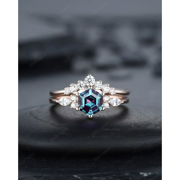 Hexagon Alexandrite Engagement Ring Set, Vintage Alexandrite Wedding Ring, 14K Rose Gold June Birthstone Promise Ring, Art Deco Ring