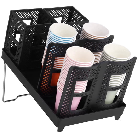 Space-Saving Foldable Cup Holder – 6-Compartment Cup & Lid Dispenser with Metal Stand and Bottom Tray,Organizer for Disposable Paper Cups,Keeps Kitchen or Coffee Station Tidy, Black
