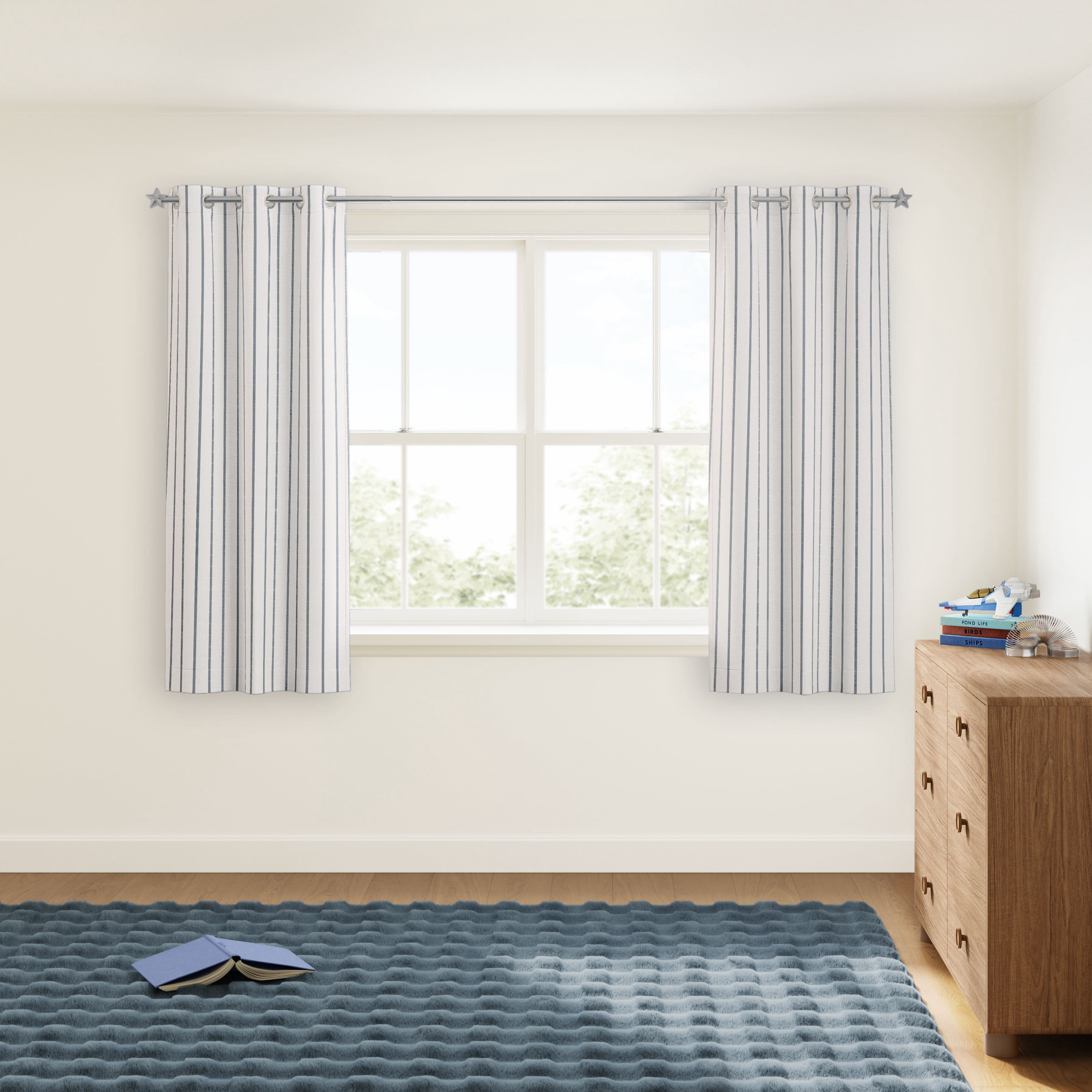 Mainstays Kids White and Blue Stripe Light Filtering Grommet Single Curtain Panel, 38" W x 63" L