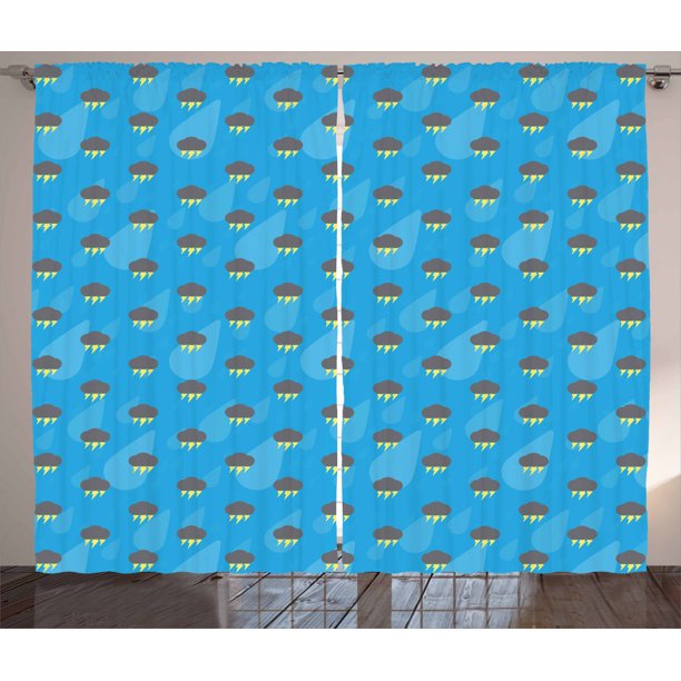 Rain Curtains 2 Panels Set Pattern With Dark Storm Clouds Thunderbolt And Raindrops On Blue Background Window Drapes For Living Room Bedroom 108w X 63l Inches Blue Grey And Yellow By Ambesonne
