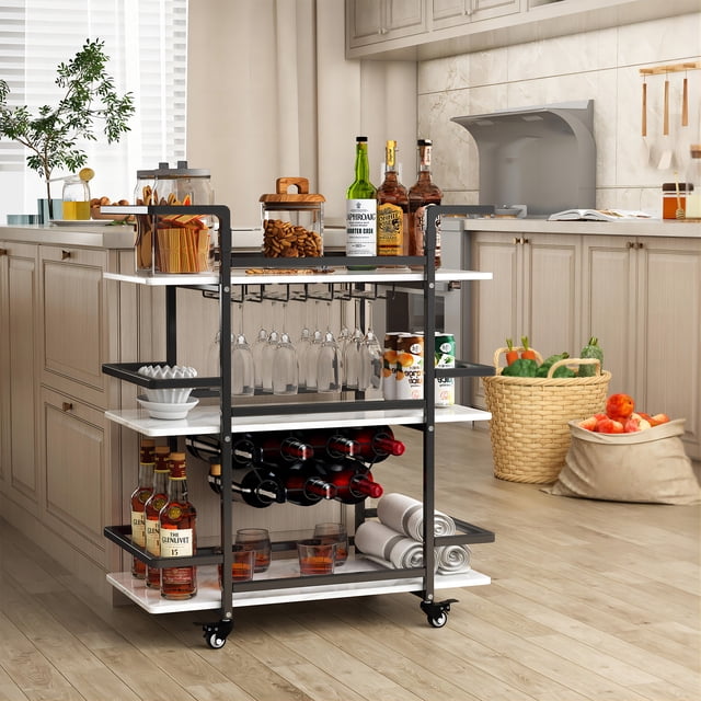 BENOSS 3-Tier Home Bar Cart with Wine Rack and Glass Cup Storage, Mobile Serving Wine Cart on Wheels, Modern Drink Trolley for Coffee Tea Wine, Beverage Bar Table for Home Kitchen Party, Black