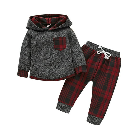 Otqutp Baby Warm Clothes Kids Toddler Baby Boys Long Sleeve Hooded Fall Sweatshirt Patchwork Plaid Pants Trousers Outfit Set 2PCS Clothes(Grey,18-24 Months)