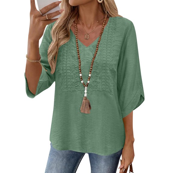 thefmos Women's V Neck Embroidered Blouse 3/4 Sleeve Loose Fit Solid Color Casual Pullover Fashion Spring Fall Outfit, Green 2XL