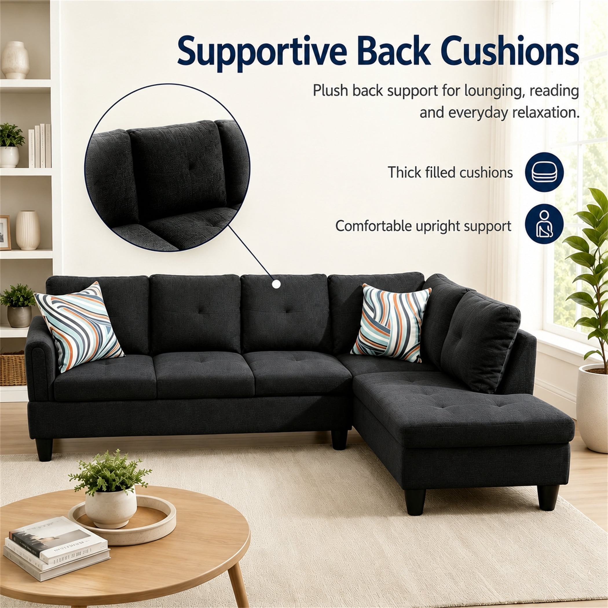 Aukfa 97" Classic Sectional Sofa 4 Seat L shape Couch with Oversized Right Chaise for Living Room, 2Pillows, Linen, Black Gray