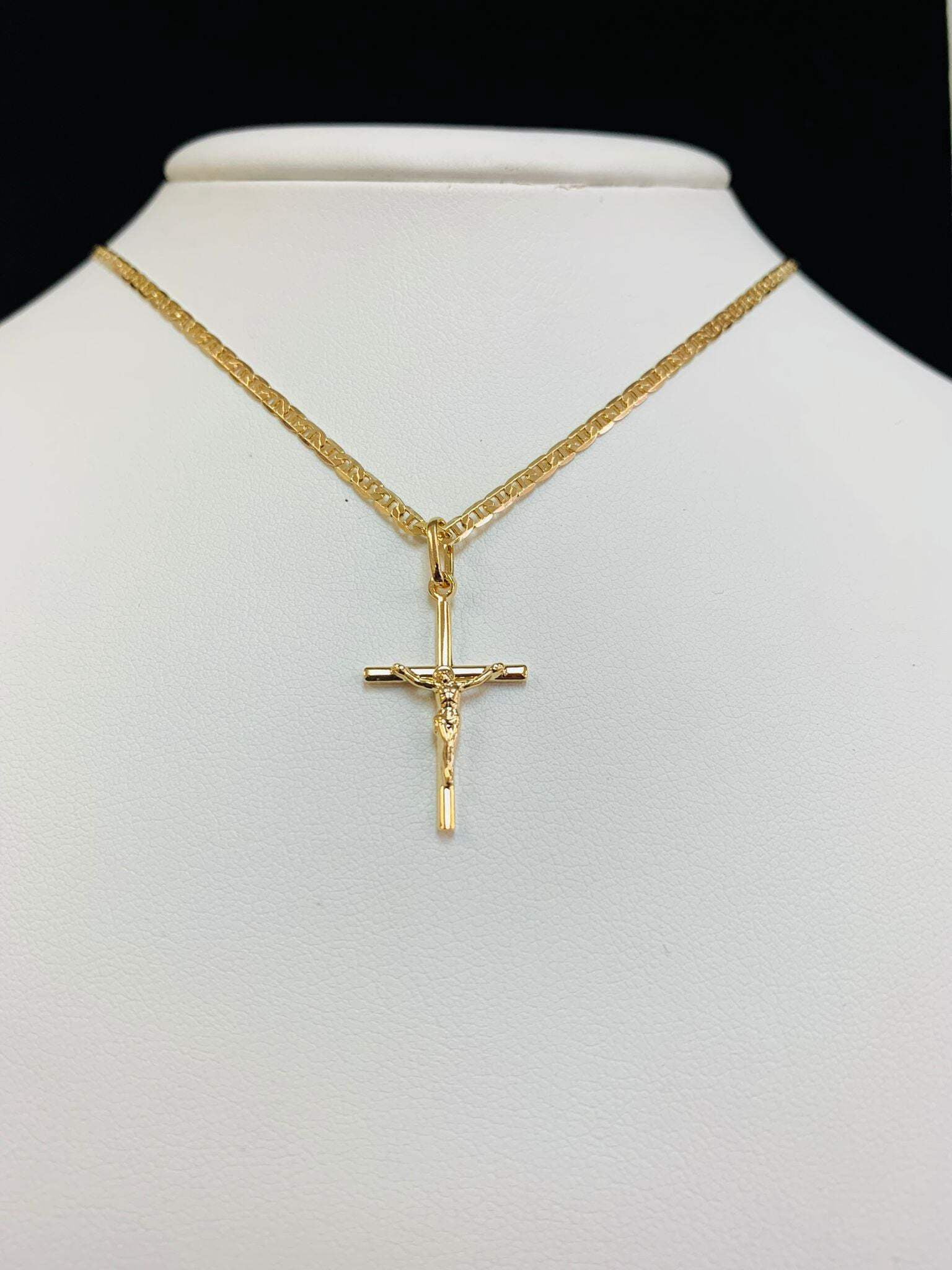 primejewelry269 Tube Cross Necklace for Women, Gold Filled, Dainty Cross with Mariner Chain, 24x14mm