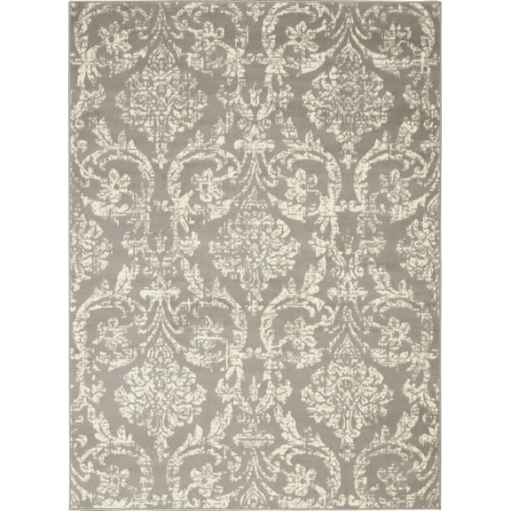 6' X 9' Gray and Ivory Damask Power Loom Distressed Area Rug