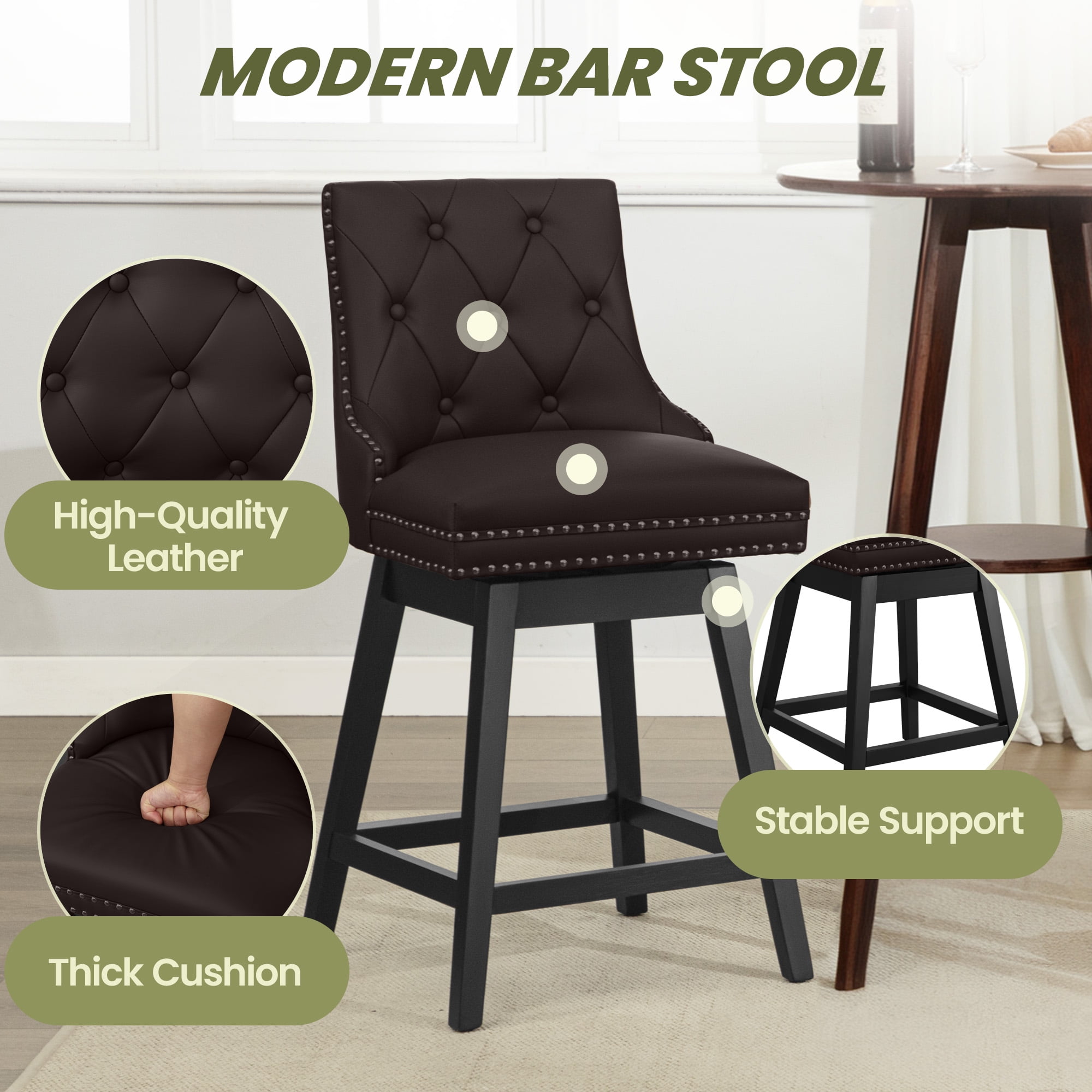 COOLHUT 26" Swivel Counter Height Bar Stools Set of 2 with Backs, Upholstered Bar Stools, Faux Leather Bar Chairs with Footrest for Kitchen Island, Red Brown
