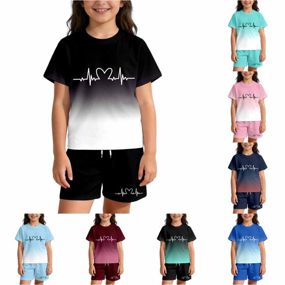 WERYOUNG Gradient Letter Print Summer Outfits For Kids Boys Girls Short Sleeve Crewneck Tops And Shorts Casual Two Piece Workout Sets Soft Clothes Sets 2-3 Years