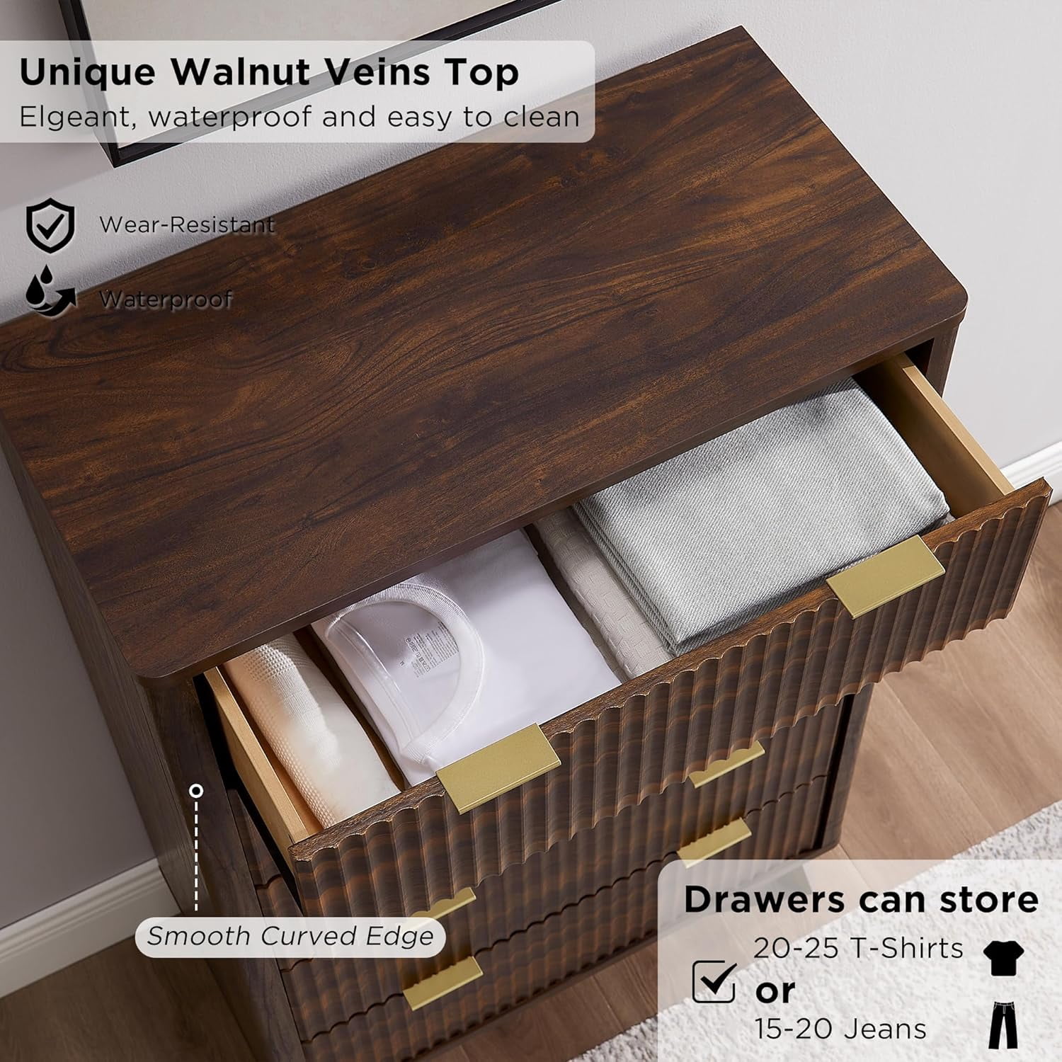 OKD 5 Drawer Dresser for Bedroom with Faux Marble Top, Modern Wood Chest of Drawers, Dresser Organizer, Dark Walnut